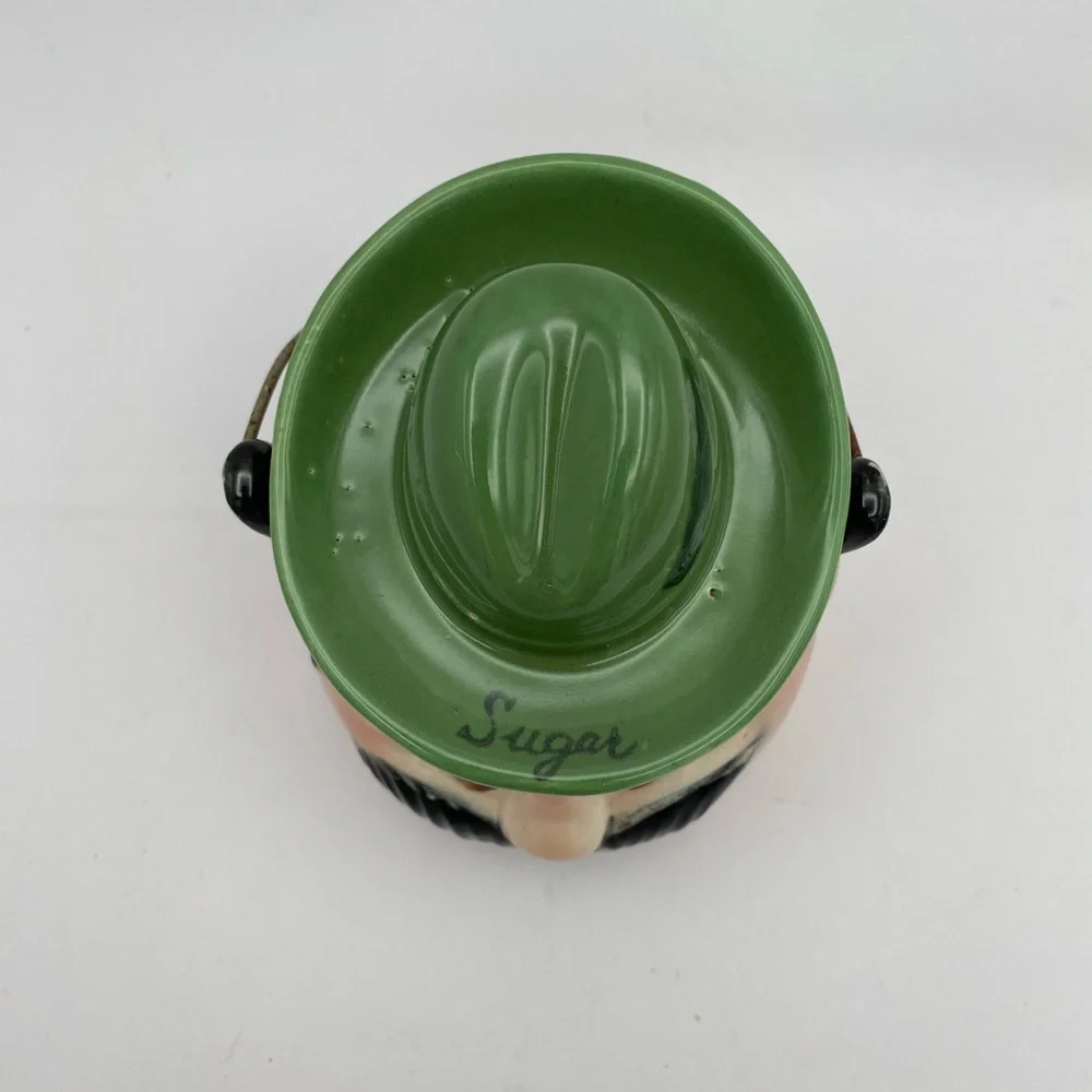 Tilso Japan ceramic mustache Man bowl green hat wire handle vintage 1960’s
